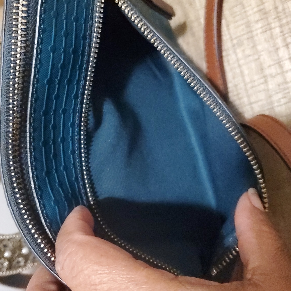 Fossil Fiona Teal Turquoise Woven Canvas Crossbody Purse Bag - Picture 6 of 14